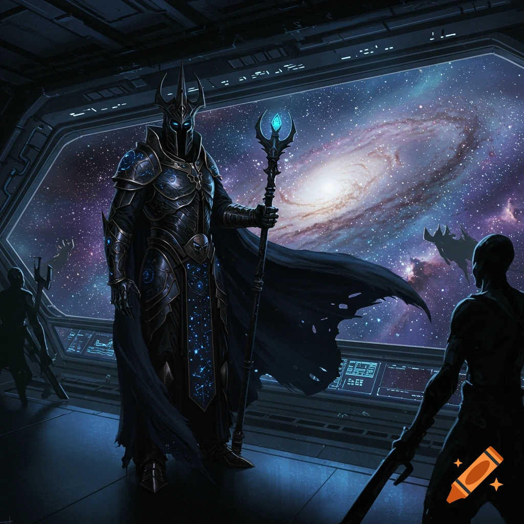 A dark armored figure, resembling a space emperor or witch-king, stands in a spaceship holding a glowing staff, looking out at a vast galaxy.