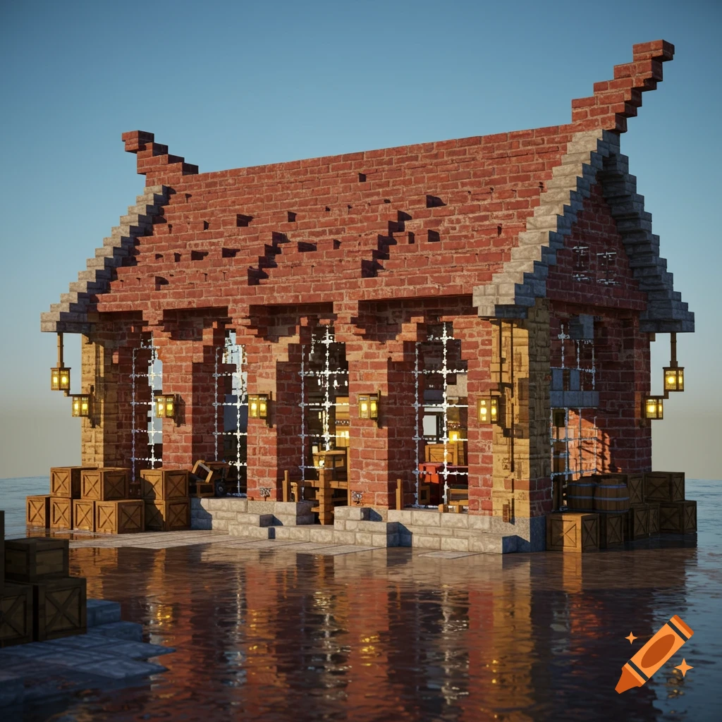 A detailed Minecraft-style brick warehouse with a red roof, reflected in water under a clear sky.