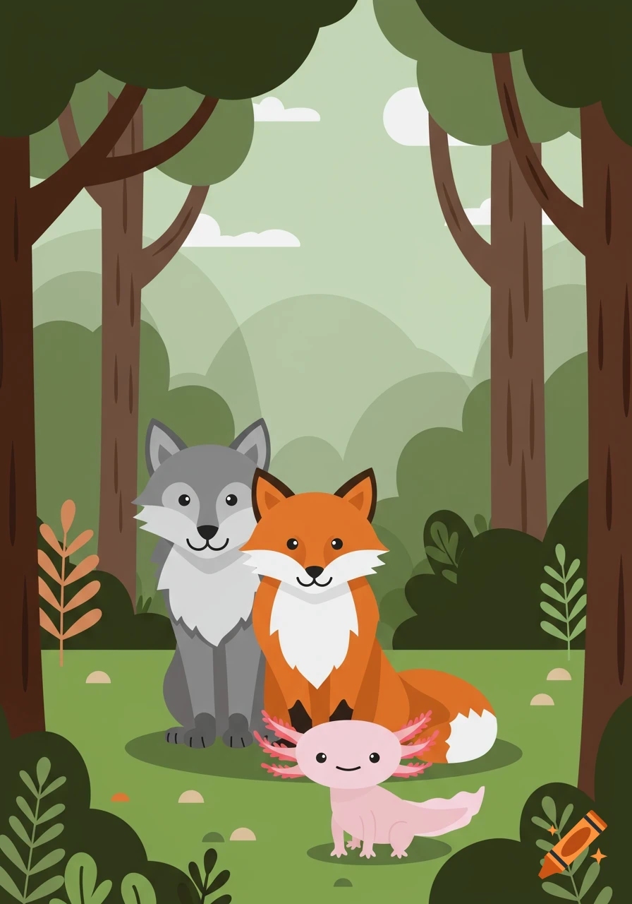 A cute cartoon gray wolf, orange fox, and pink axolotl standing in a forest.