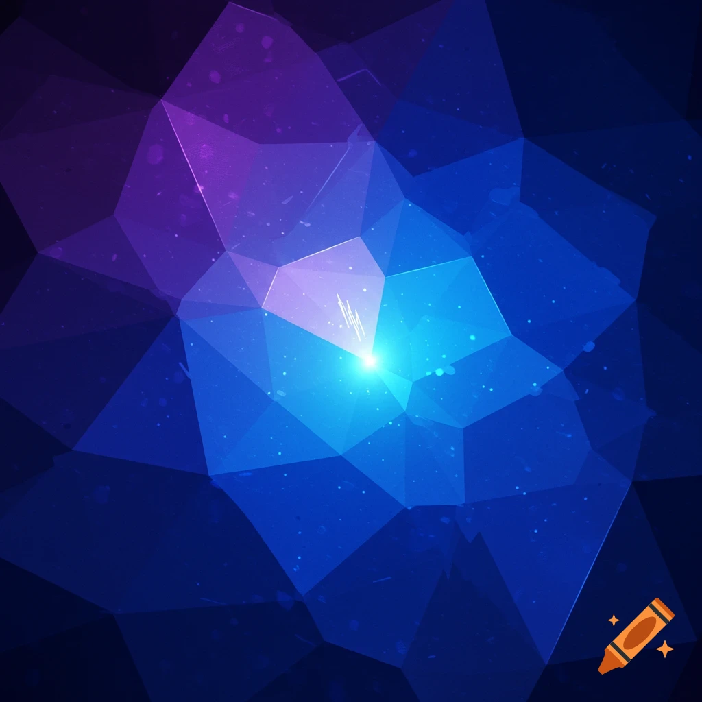 An abstract background of blue and purple geometric facets with a bright light in the center.