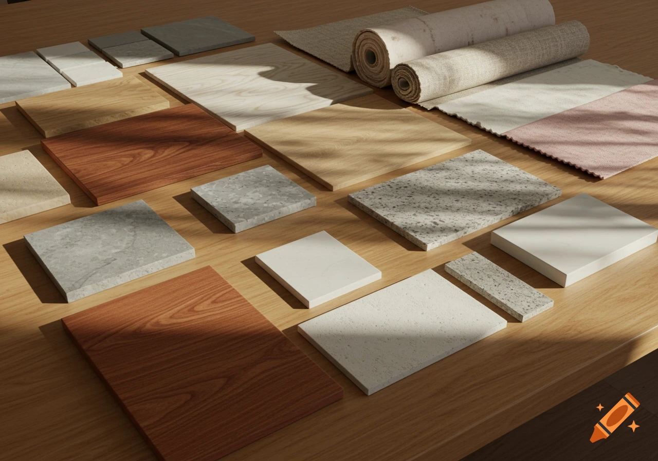 Photorealistic image of an architect's mood board featuring various wood, stone, and fabric material samples on a light wooden table.