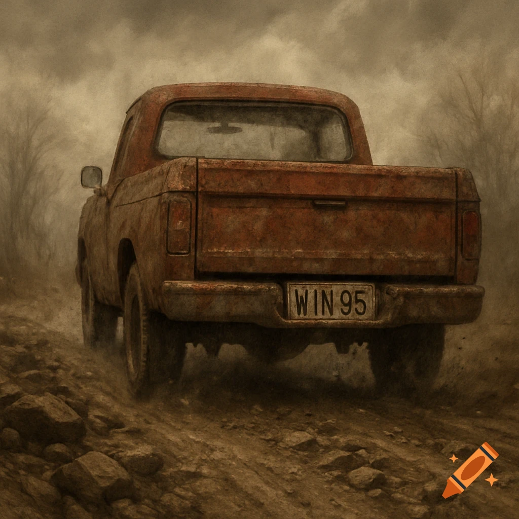 Rear view of a rusty old pickup truck driving on a dusty, rocky dirt road under a cloudy sky. The license plate reads WIN 95.