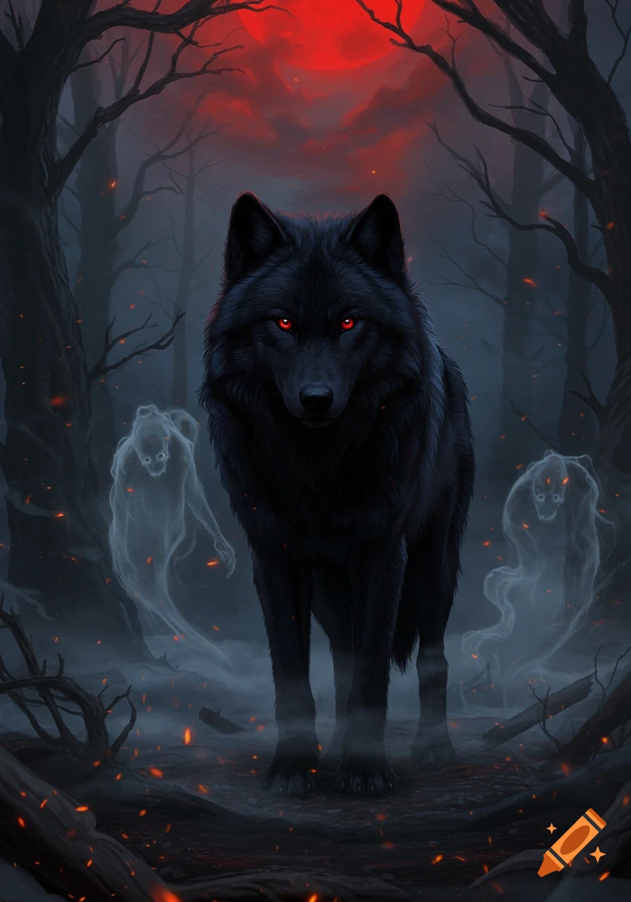 A black wolf with glowing red eyes stands in a dark, misty forest under a red moon, with ghostly figures on either side.