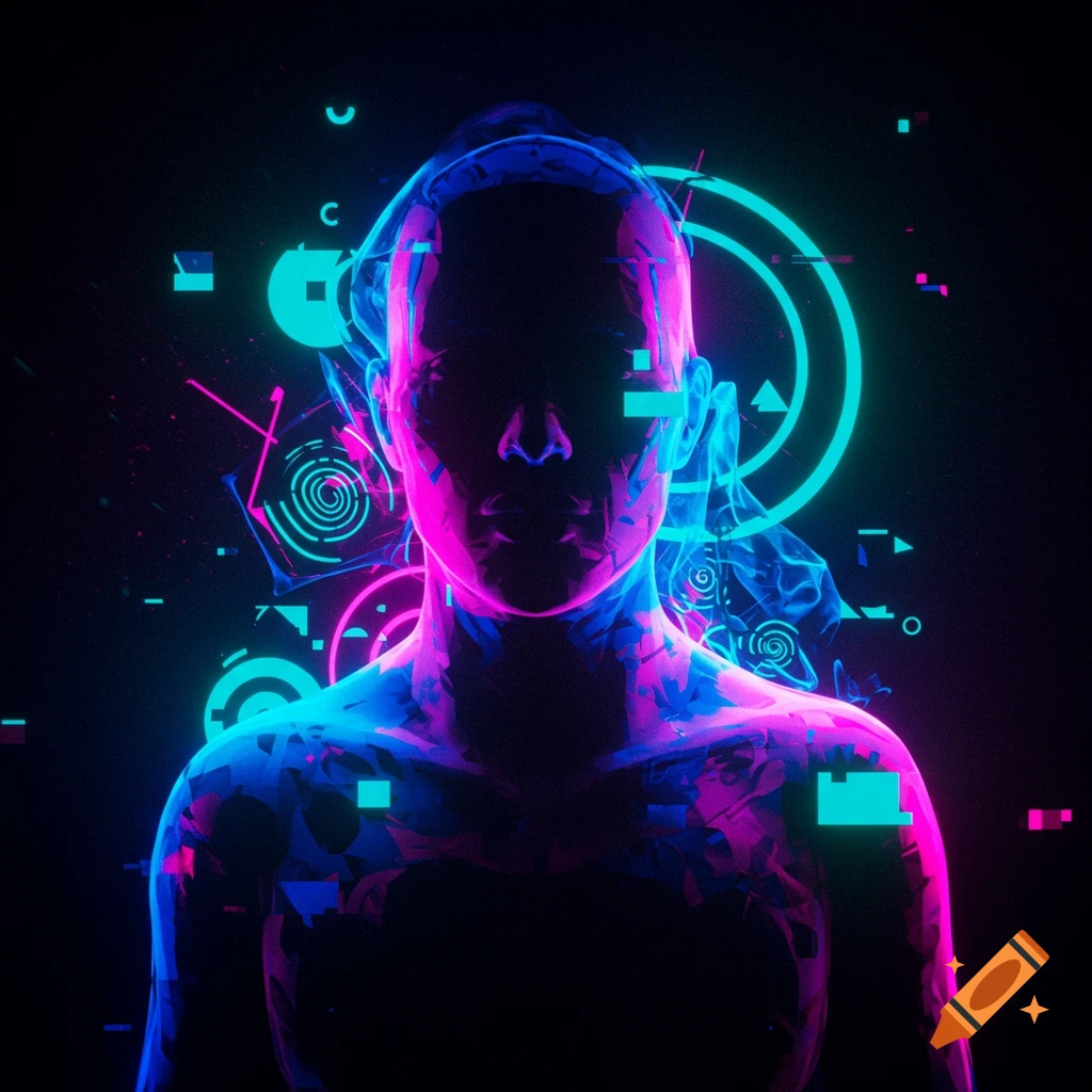 A dark, abstract digital art portrait of a human figure outlined in glowing electric blue and magenta neon lights with glitch effects.