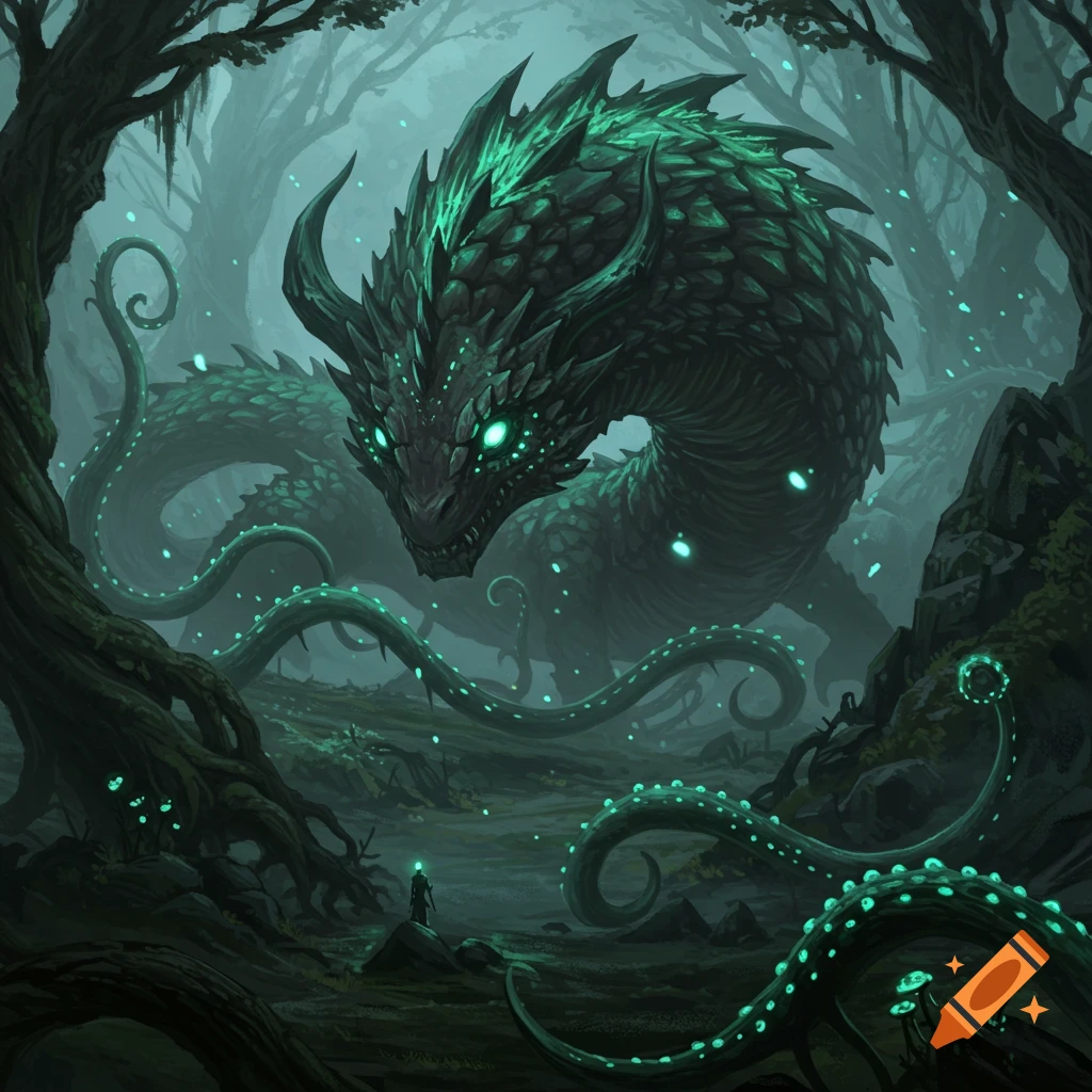 A giant glowing green dragon-like creature with tentacles in a dark, misty forest looms over a small human figure.