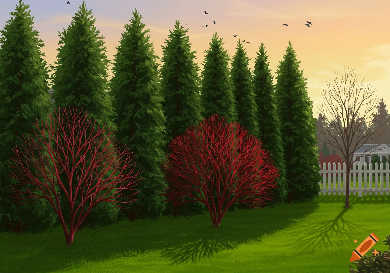 A serene garden scene with a line of tall green arborvitae trees, two bright red dogwood bushes, a bare tree, a white picket fence, and a house in the background under a golden sky.