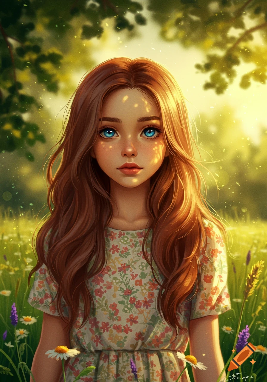 Digital painting of a girl with long brown hair and blue eyes, standing in a sunny wildflower field.