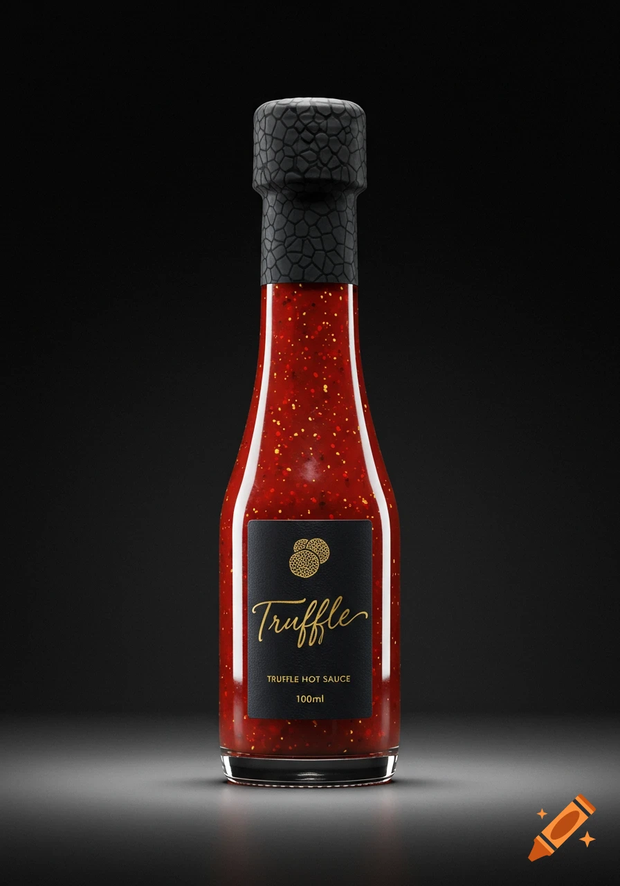 A photorealistic image of a red Truffle Hot Sauce in a clear glass bottle with a black label, gold text, and a textured black cap, on a dark background.
