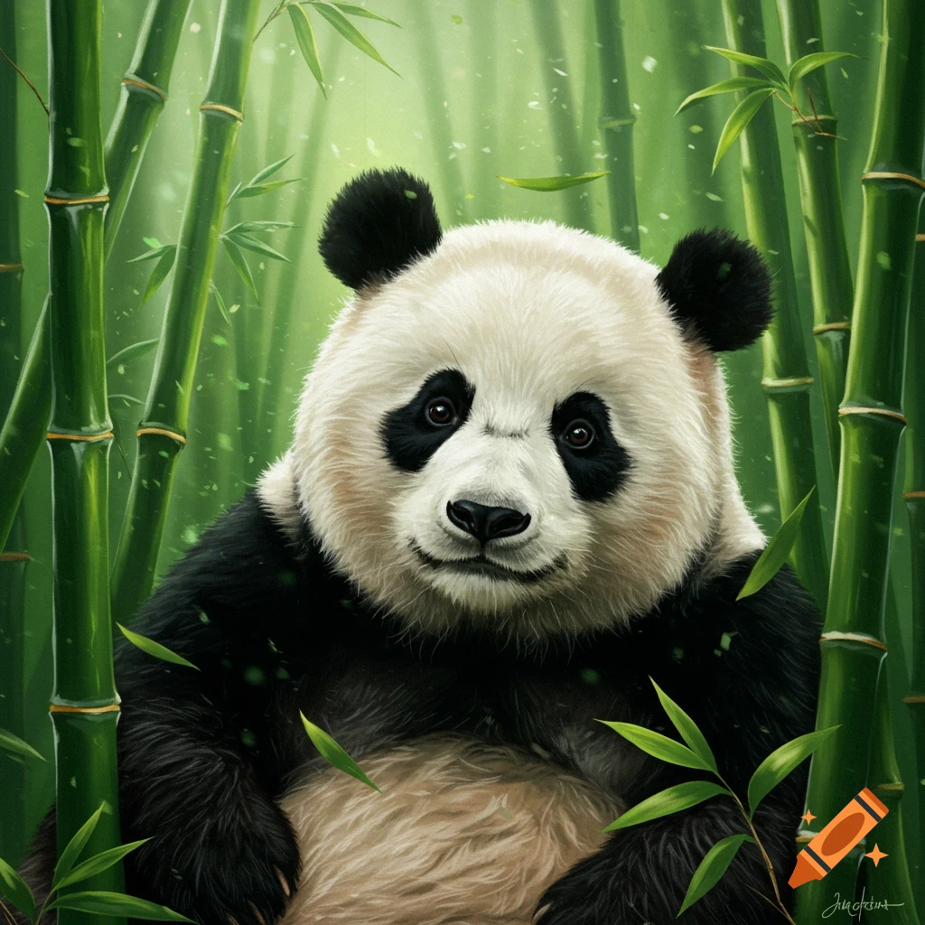 A photorealistic painting of a cute panda sitting amongst vibrant green bamboo stalks.