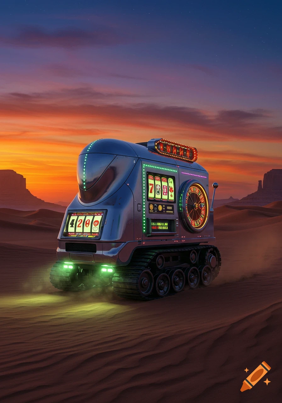 A futuristic, chrome slot machine on tank treads drives through a desert at sunset.