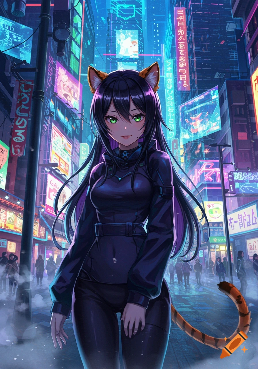 An anime girl with black hair, green eyes, tiger ears, and a striped tail stands in a futuristic cyberpunk city street filled with neon signs.