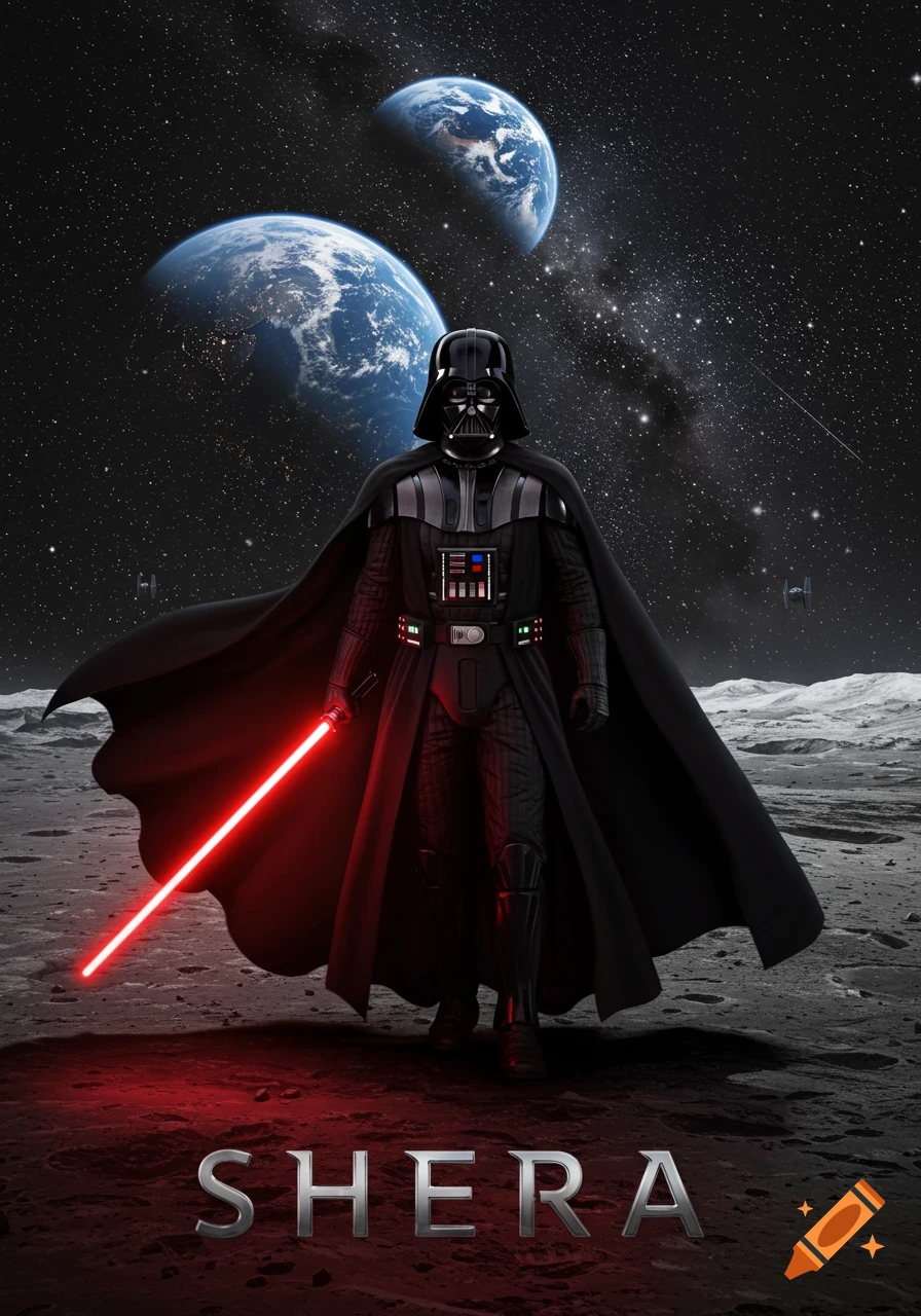 Darth Vader stands on a moon surface, holding a red lightsaber, with two planets in a starry sky. The word 'SHERA' is at the bottom.