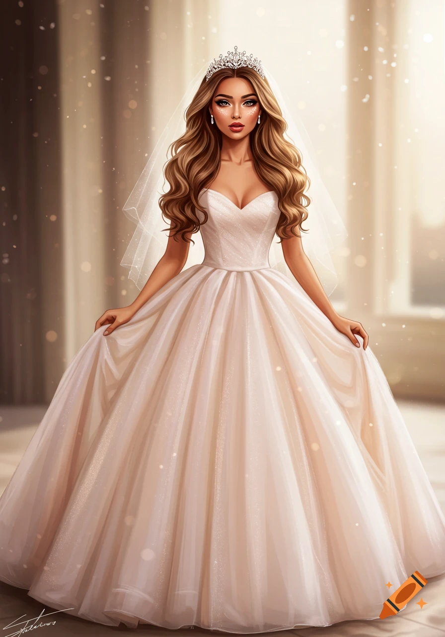 A digital illustration of a woman in a light-colored, puffy wedding dress, veil, and tiara, holding her dress.