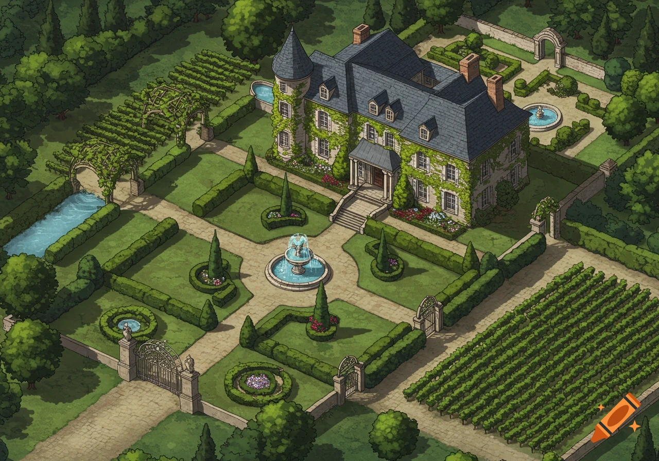 Top-down isometric view of a large French estate with a mansion, formal gardens, fountains, and vineyards.