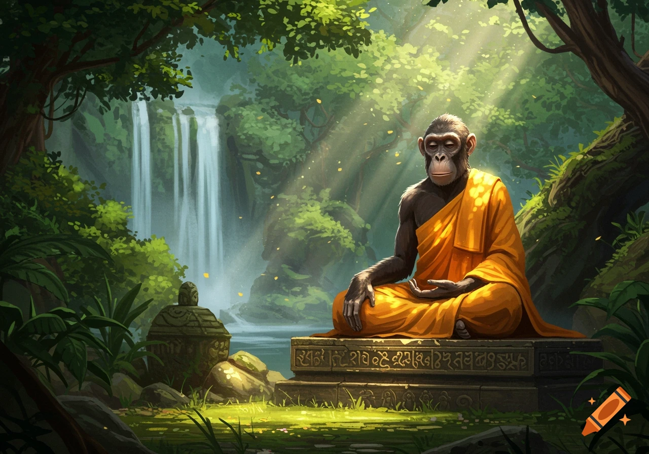 A chimpanzee in a saffron robe meditates on a stone platform in a lush jungle with a waterfall and sunlight filtering through trees.