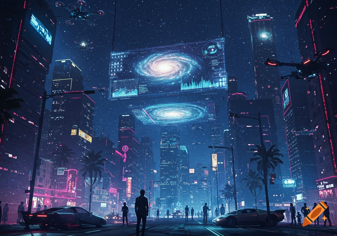 A vibrant, neon-lit futuristic city at night, with towering skyscrapers, flying drones, and large holographic screens displaying a swirling galaxy. People and sleek cars are on the street under a starry sky.