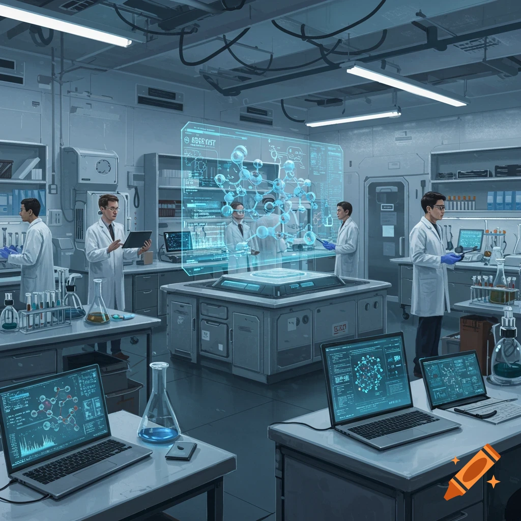 A group of scientists in lab coats work in a futuristic, high-tech laboratory with holographic displays showing molecular structures and data.