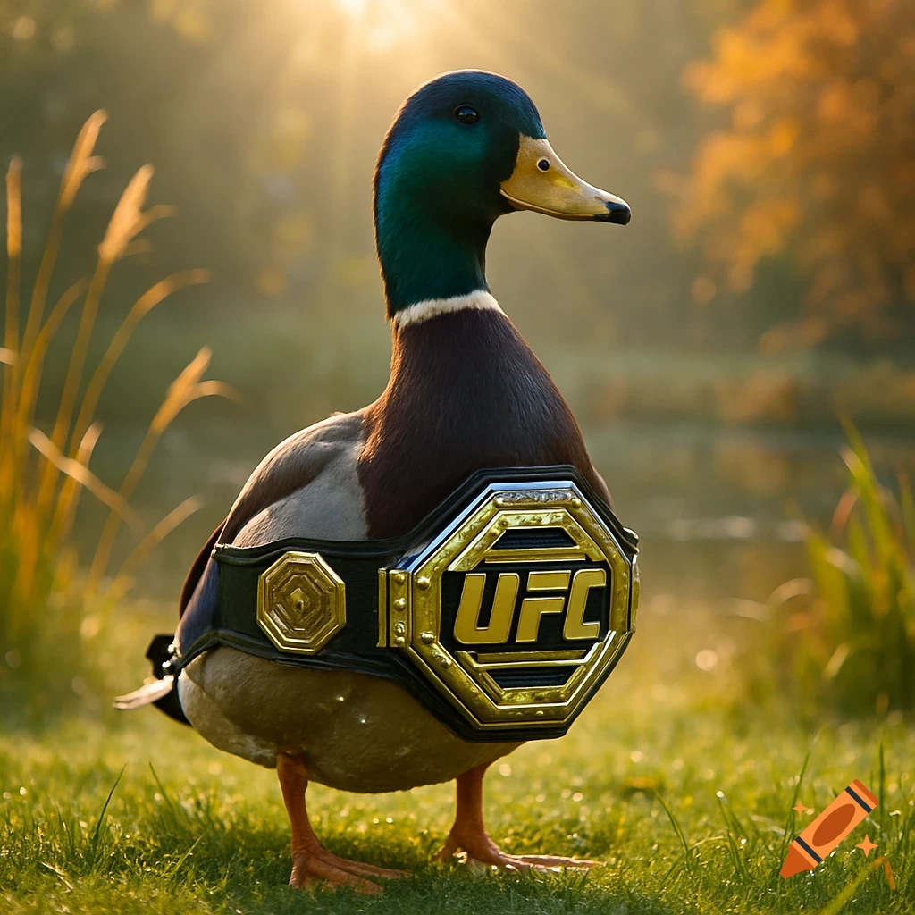 A mallard duck wearing a gold and black UFC championship belt stands in a grassy field with a sunny, blurred background.