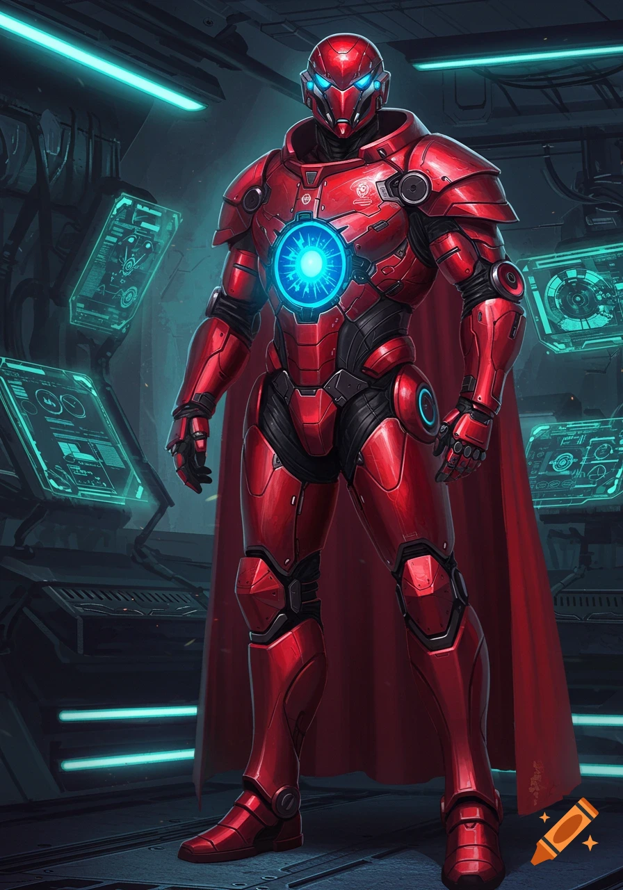 A futuristic red armored commander with a glowing blue core and visor, wearing a red cape, stands in a high-tech control room.