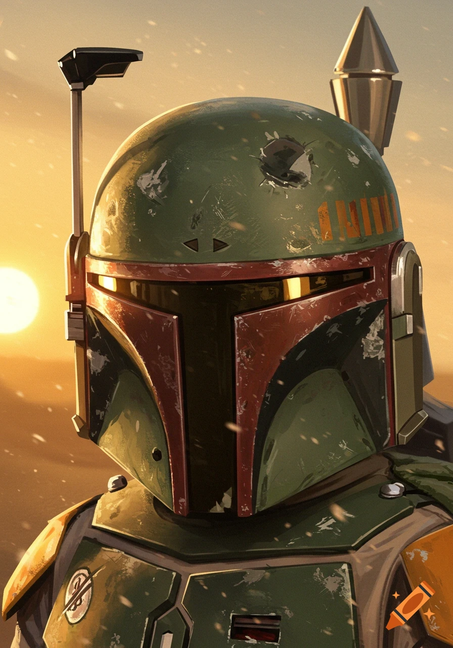 Close-up portrait of Boba Fett's weathered green and red helmet, with a blurred orange sunset in the background.