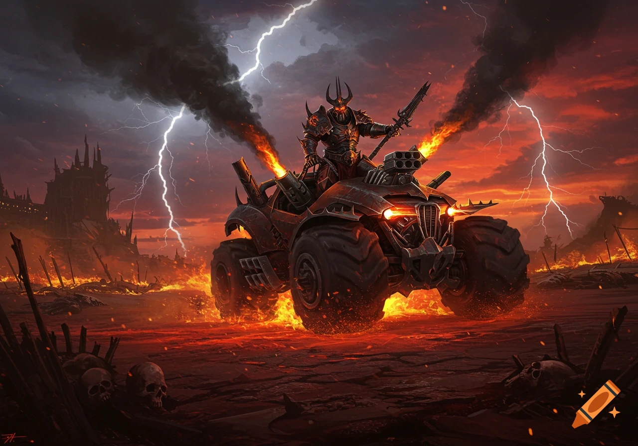A heavily armored warrior on a spiked monster truck drives through a fiery wasteland under a lightning-filled, smoky sky, with skulls on the ground.