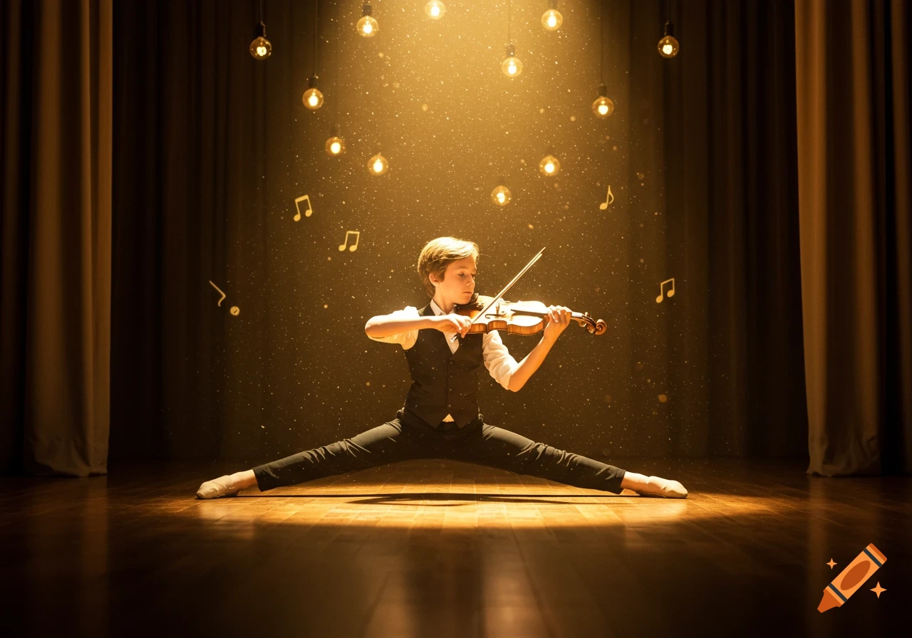 A boy in a vest plays a violin while doing a full split on a spotlighted stage with musical notes and glowing lights.
