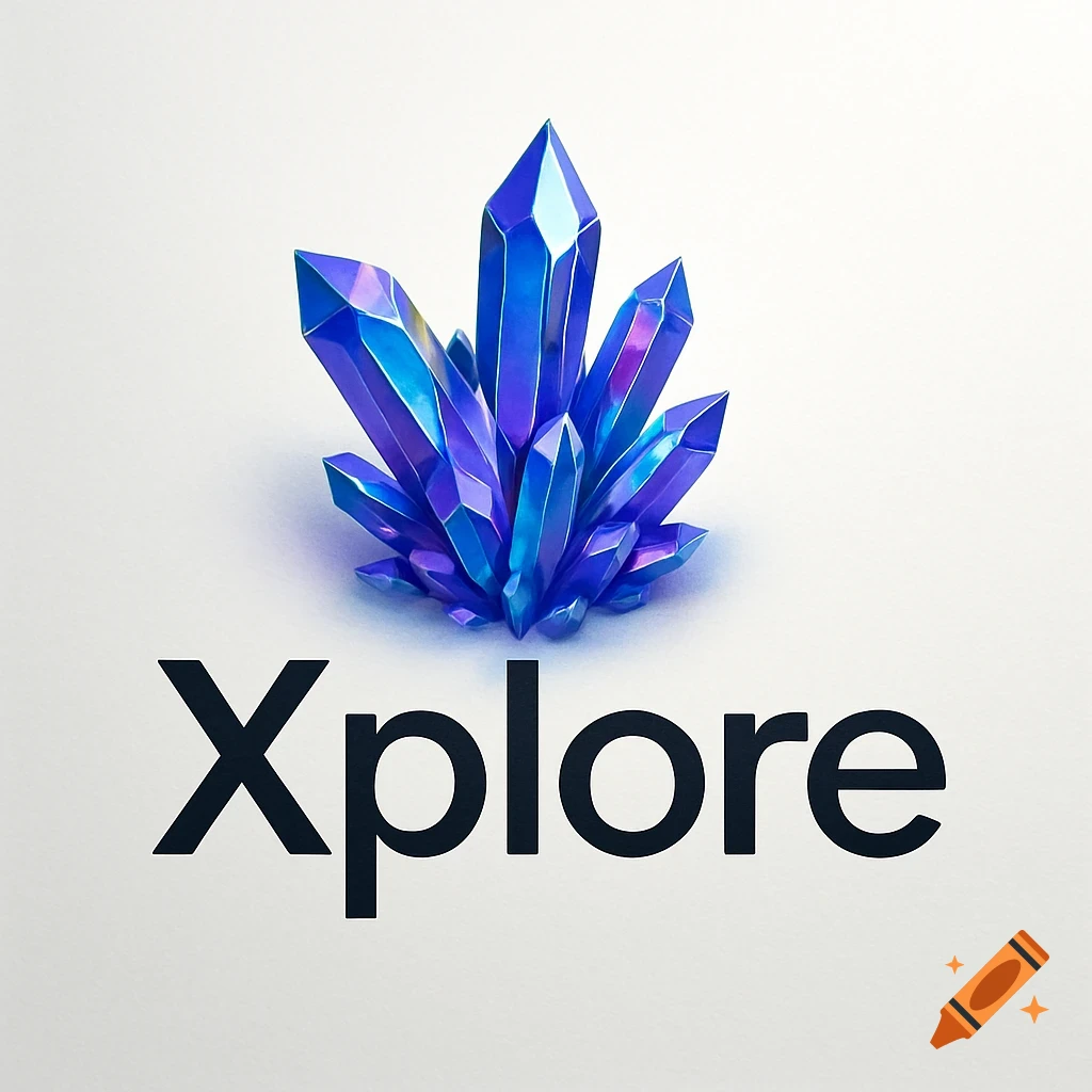 A logo featuring a cluster of shiny blue and purple crystals above the word "Xplore" in black text.