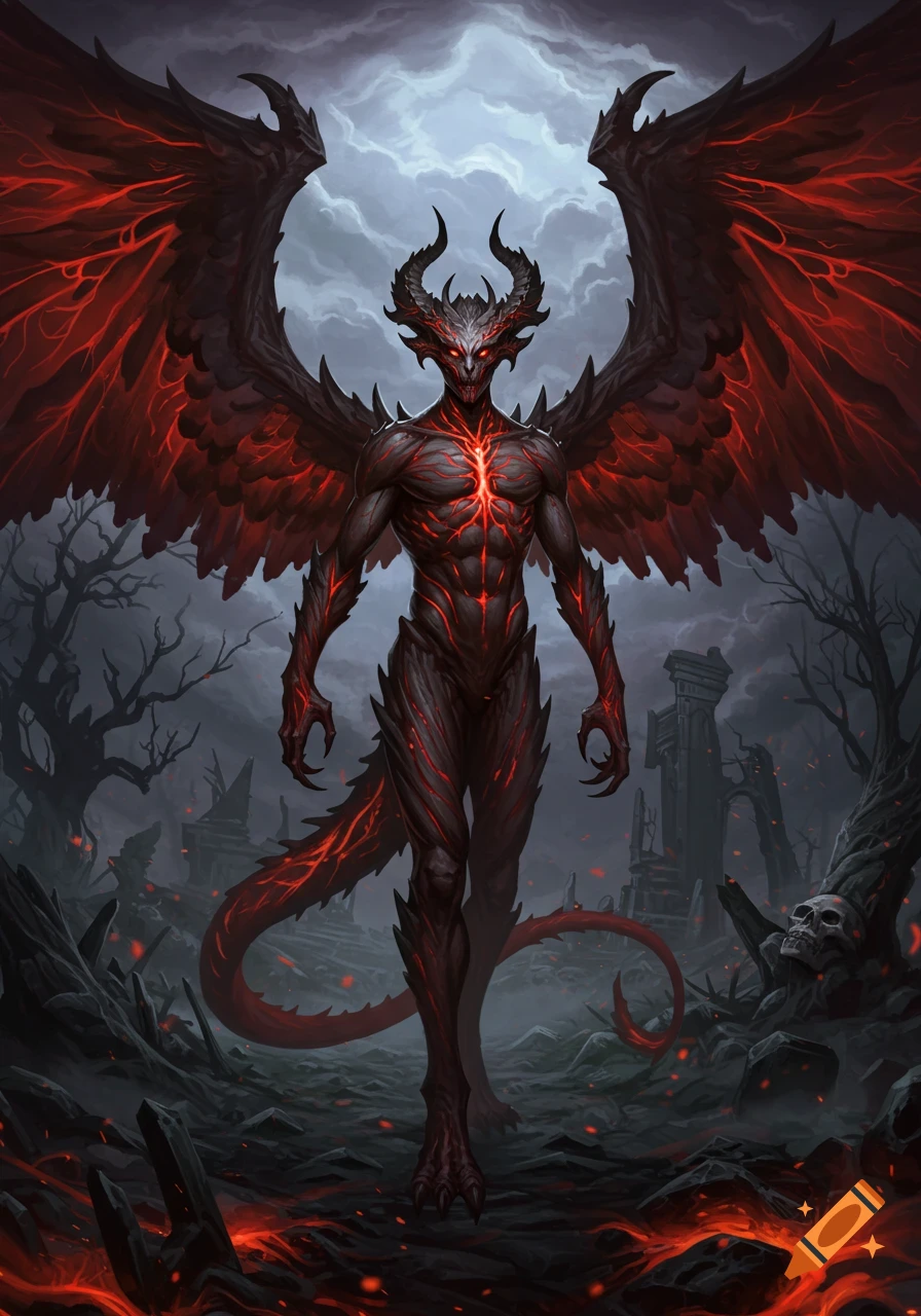 A tall, dark demon with glowing red veins, large black wings, and horns stands in a desolate, fiery landscape under a stormy sky.