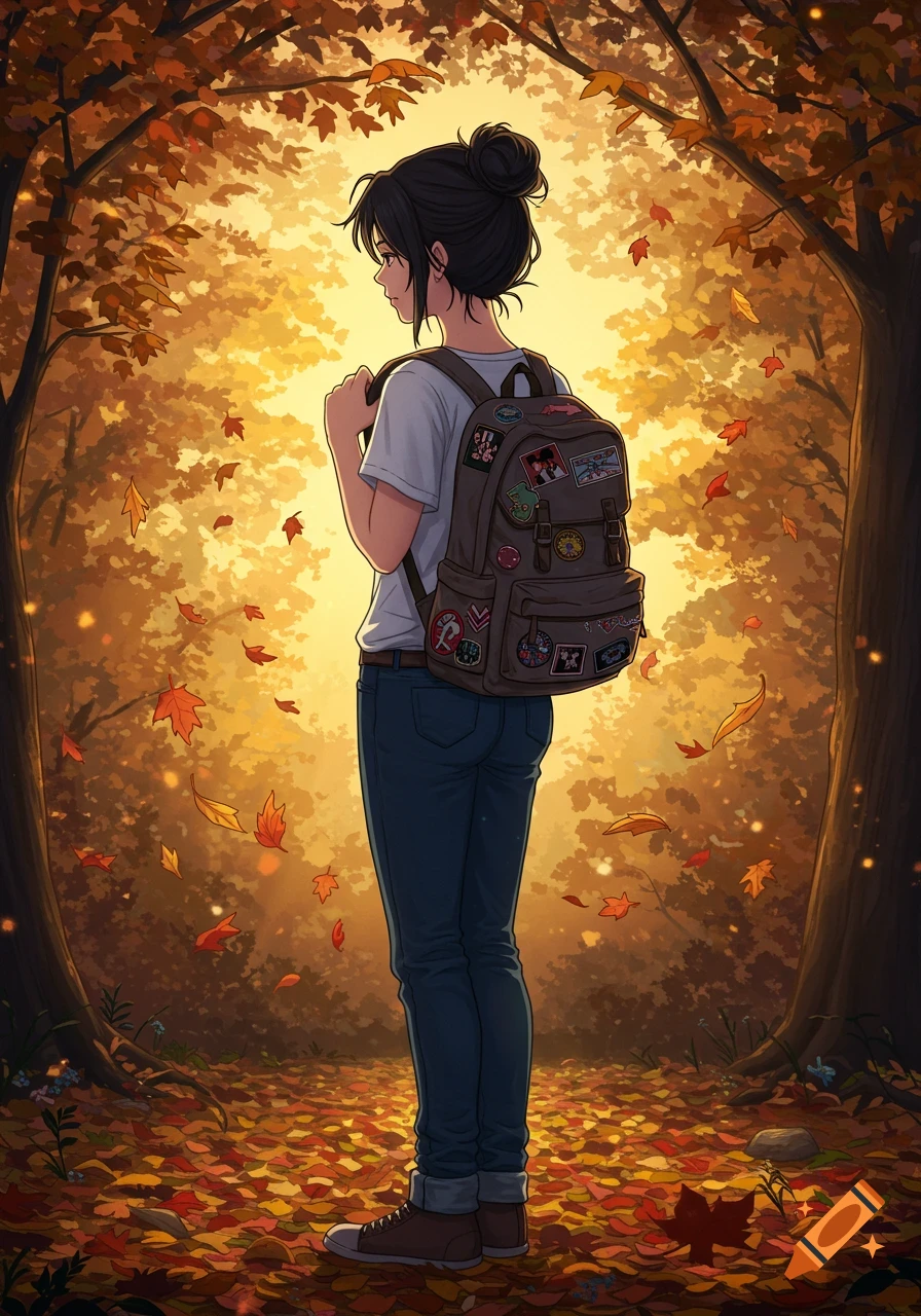 An anime-style image of a teenage girl with a messy bun, jeans, and a patched backpack, standing in an autumn forest with falling leaves and a golden glow.