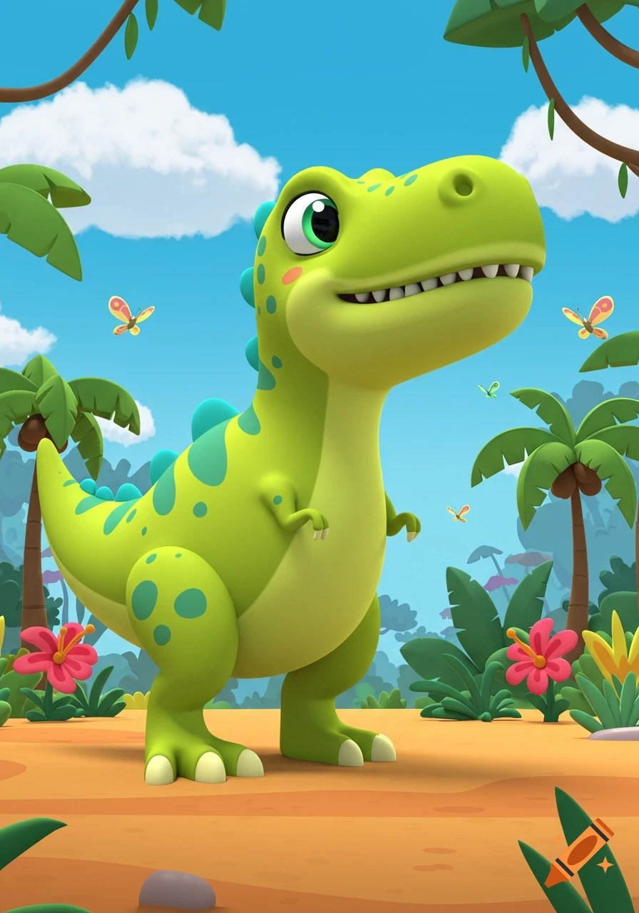 A vibrant green cartoony T-Rex stands in a lush jungle with palm trees, flowers, and butterflies under a blue sky.