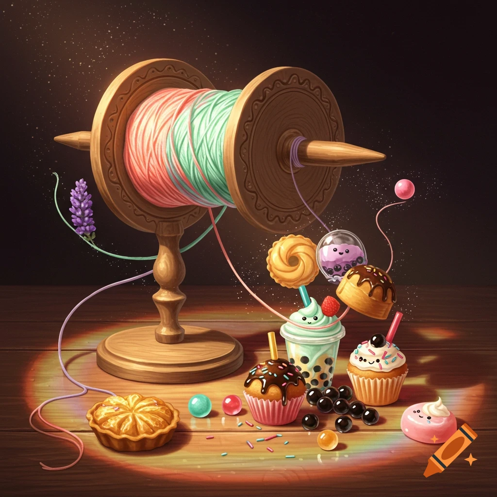 A whimsical still life featuring a wooden yarn spindle with pink and green yarn, surrounded by an assortment of kawaii-style desserts and candies on a wooden table.
