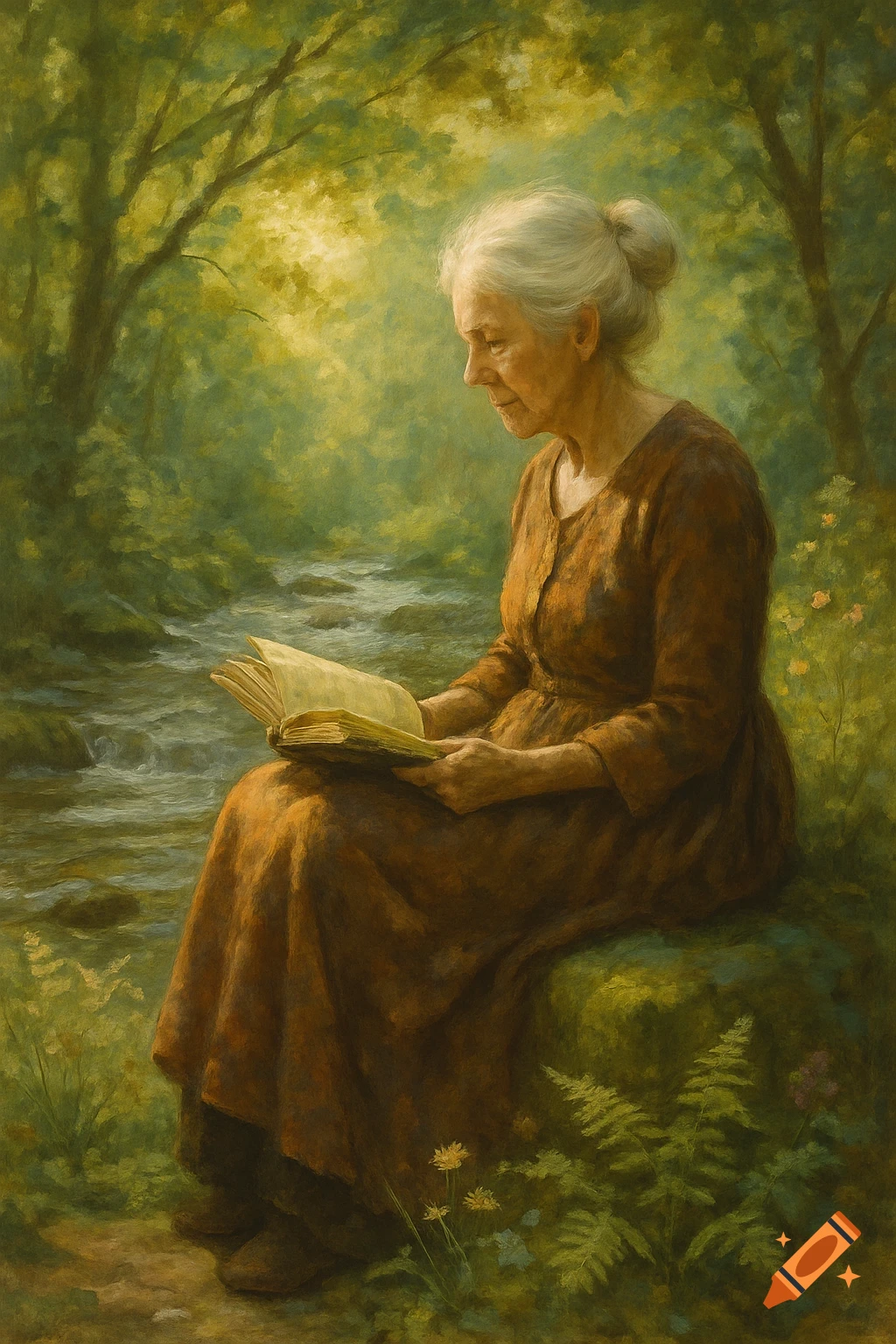 A painting of an elegant elderly lady with white hair sitting on a mossy rock by a stream, reading a book in a lush green forest.