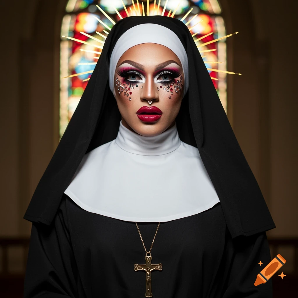 A person in drag makeup dressed as a nun with a golden halo and a crucifix necklace, standing in a church with a stained glass window.