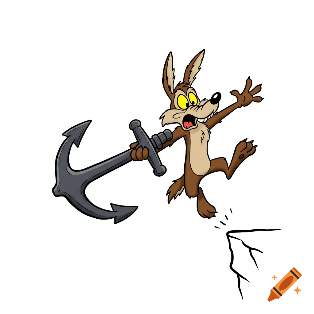 Wile E. Coyote cartoon character falling off a cliff while holding a large boat anchor.
