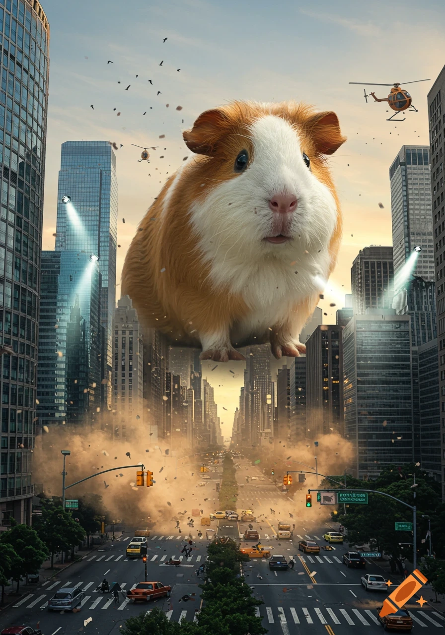 A giant guinea pig stands in a destroyed city street at sunset, towering over buildings as dust and debris fill the air. Photorealistic.