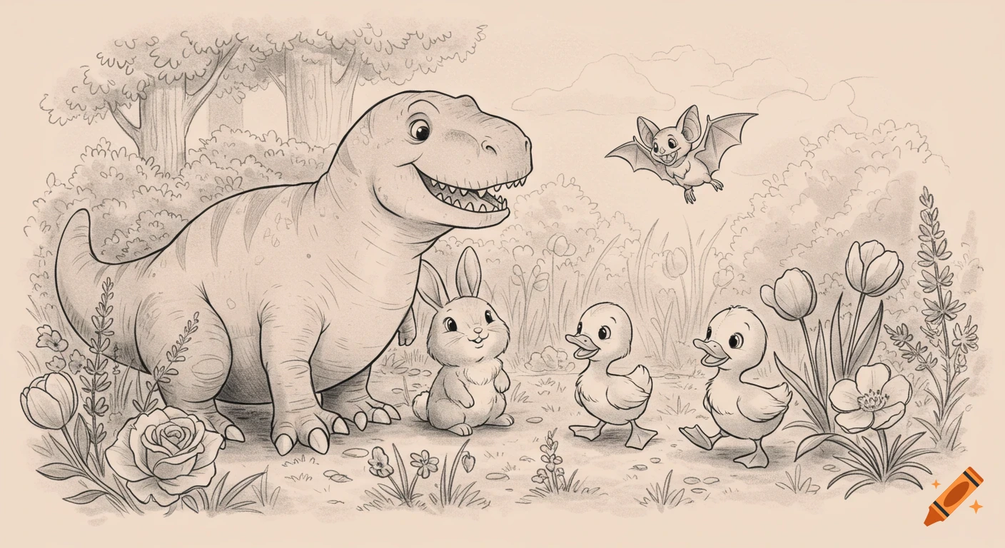 A friendly T-Rex, bunny, two ducklings, and a bat in a whimsical forest setting, drawn in a black and grey sketch style.
