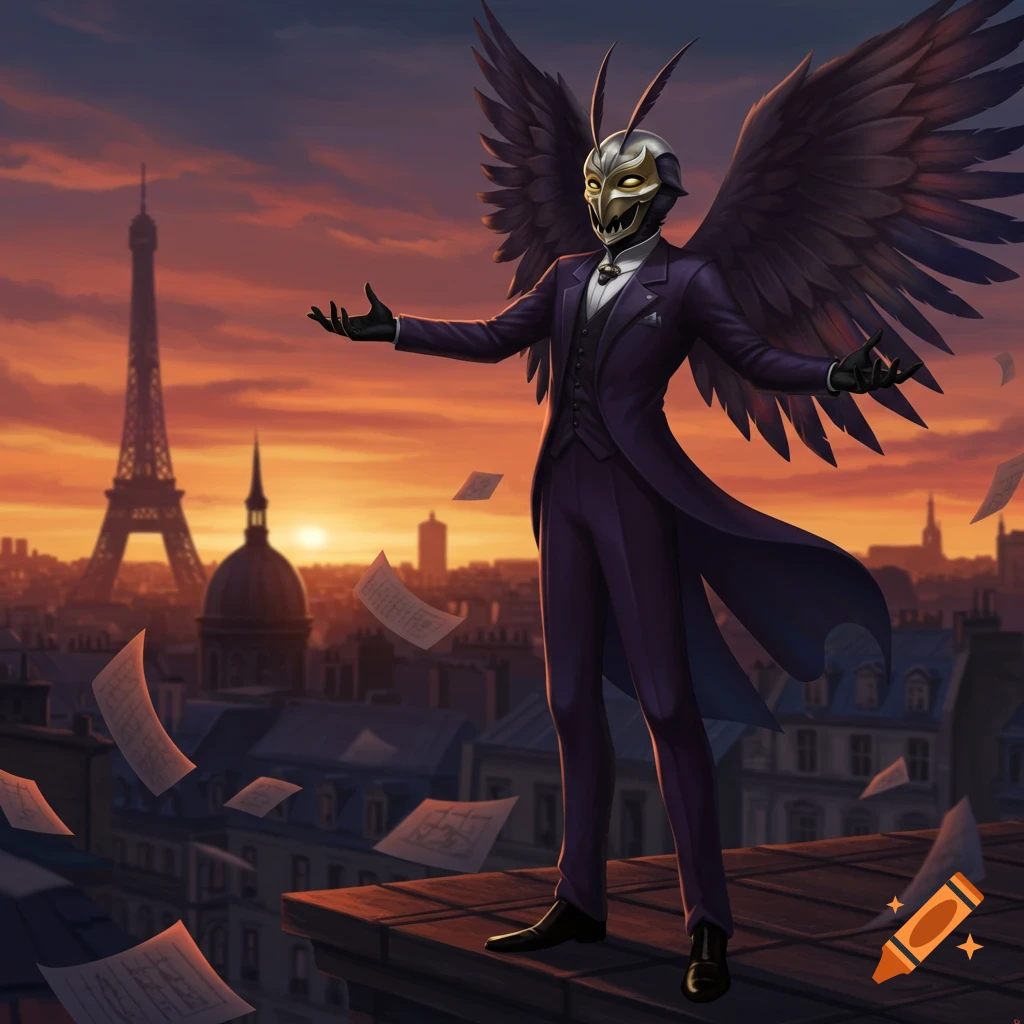 A masked character with wings, wearing a purple suit, stands on a rooftop with paper floating around, overlooking a city skyline with the Eiffel Tower at sunset.