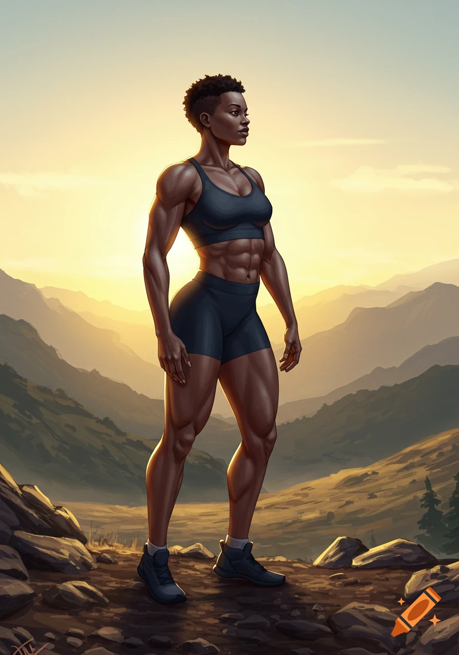 Muscular Black woman standing on a rocky mountain path at sunset in a digital illustration.