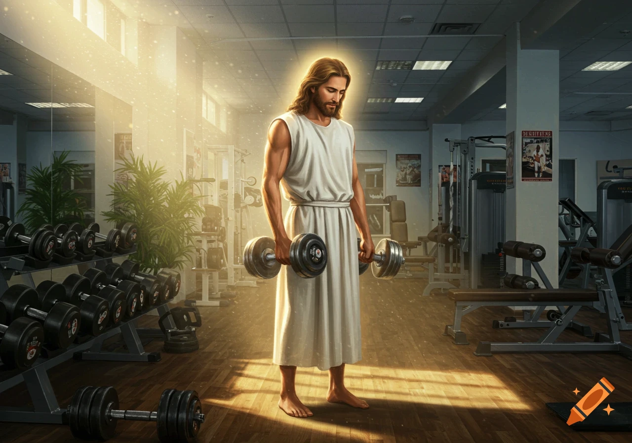 Jesus Christ with a halo, wearing a white robe, holding dumbbells in a sunlit gym, surrounded by workout equipment.