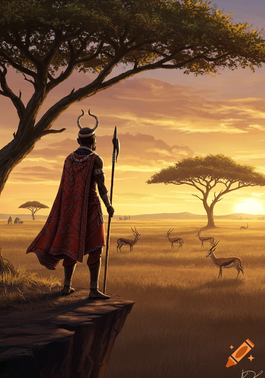 A person in tribal attire with a horned headdress and red cape stands on a cliff overlooking a savanna at sunset with gazelles.