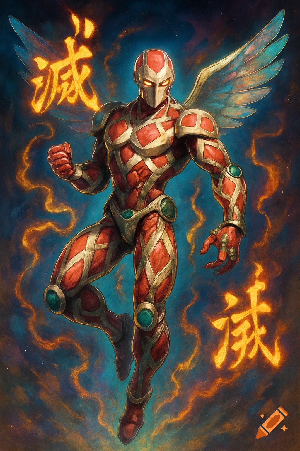 A red and gold superhero-like figure with wings floats against a blue and fiery background, surrounded by glowing Japanese kanji.