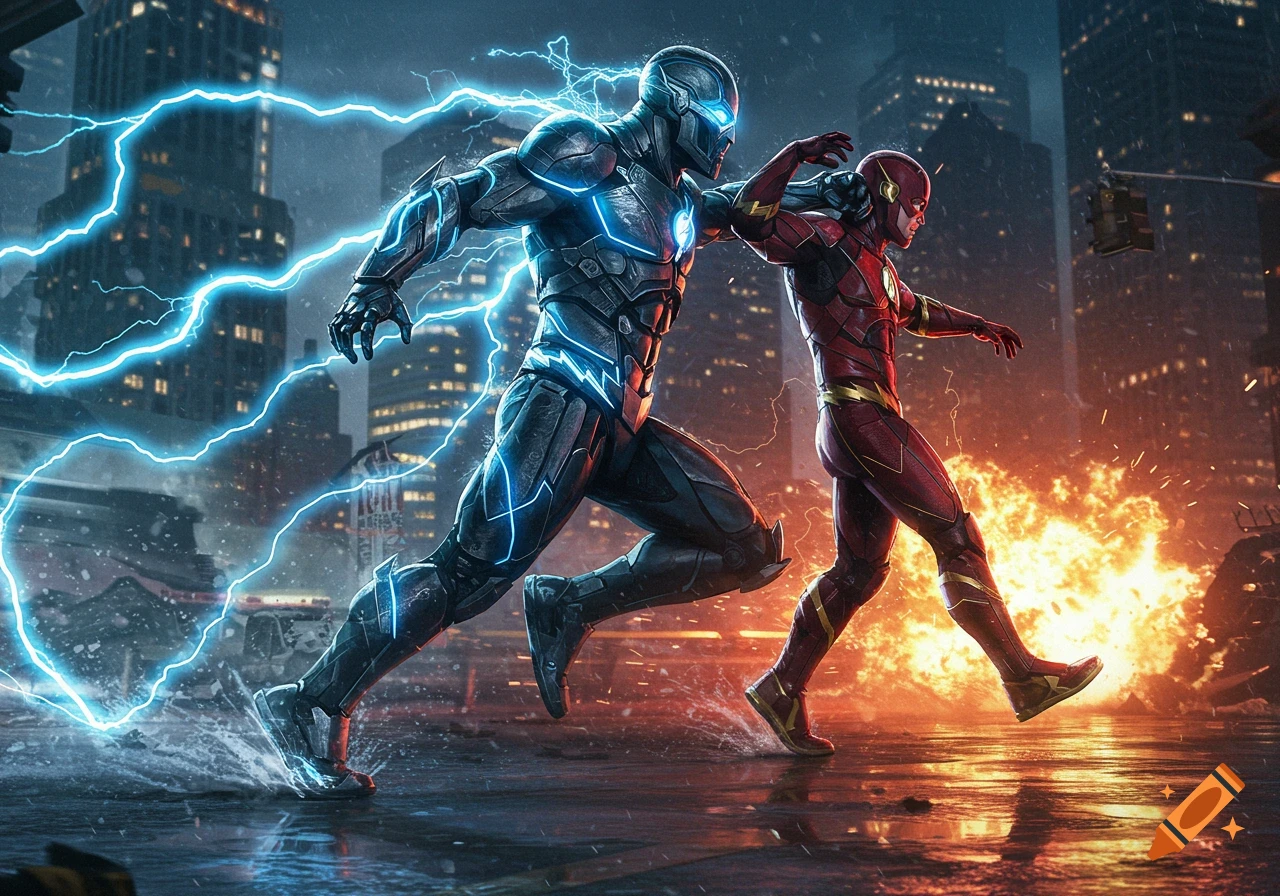 Two superheroes, Savitar in black and blue armor with lightning and The Flash in red and gold, run at superspeed through a city street at night.