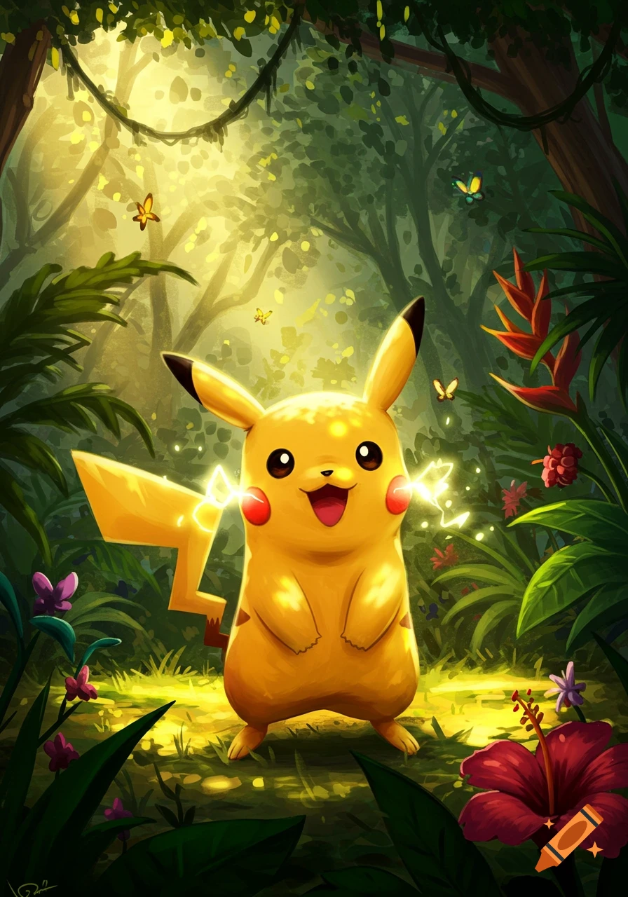 A bright illustration of Pikachu standing in a lush, sunlit jungle, surrounded by plants and butterflies, with sparks from its cheeks.