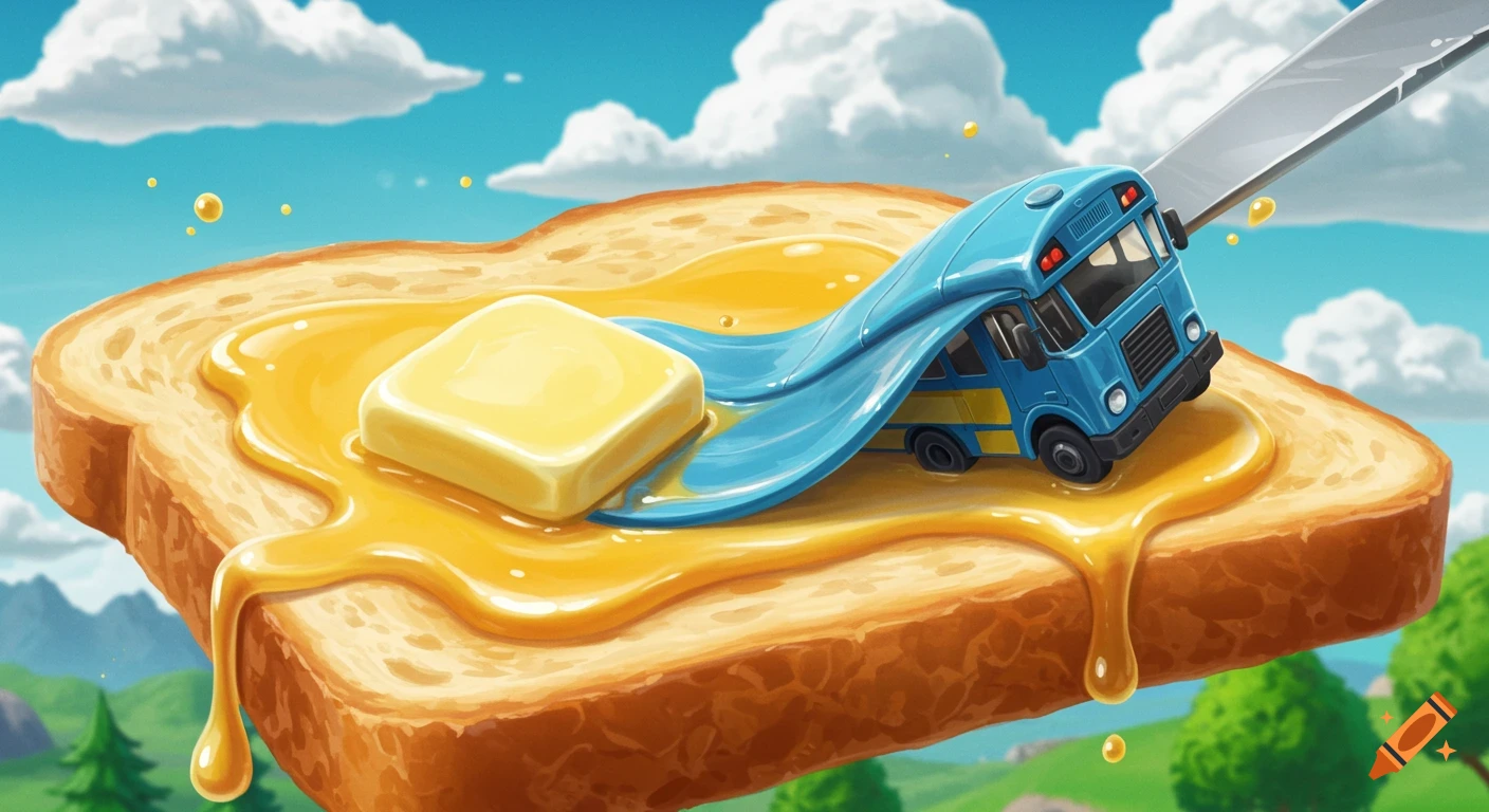 A blue cartoon battle bus is being spread like butter on a giant slice of toast floating in a sky with clouds and green landscape below.