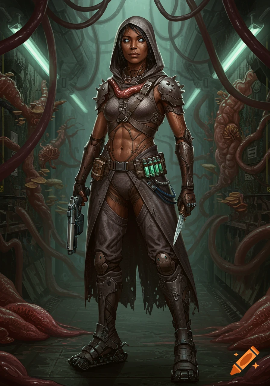 A female freelancer in futuristic armor stands in a dim biopunk sci-fi environment, holding a gun and knife.