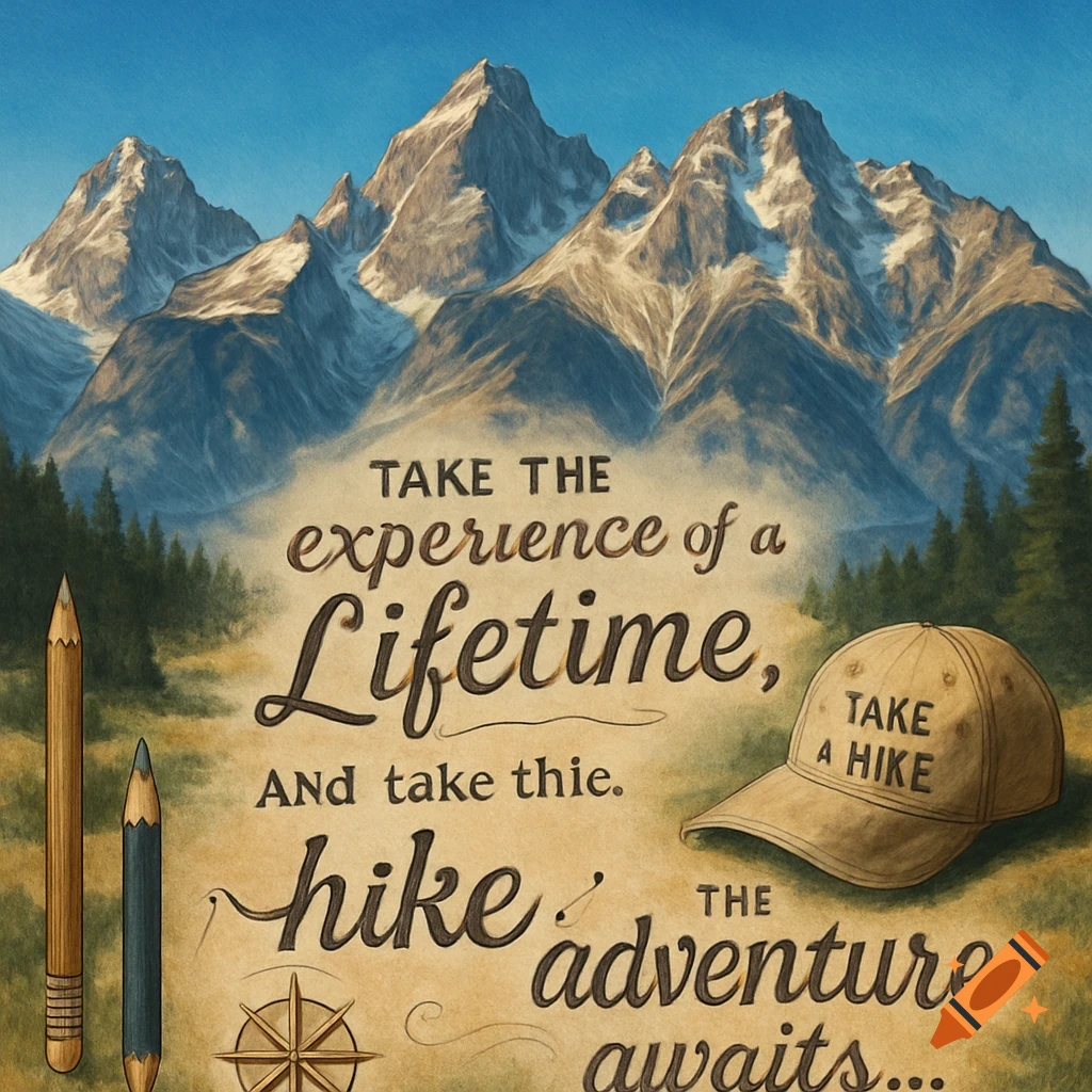 An vintage style illustration of mountains with text overlay that reads "TAKE THE experience of a Lifetime, AND take thie. hike THE adventure awaits...". Two pencils, a compass rose, and a hat that reads "TAKE A HIKE" are also depicted.