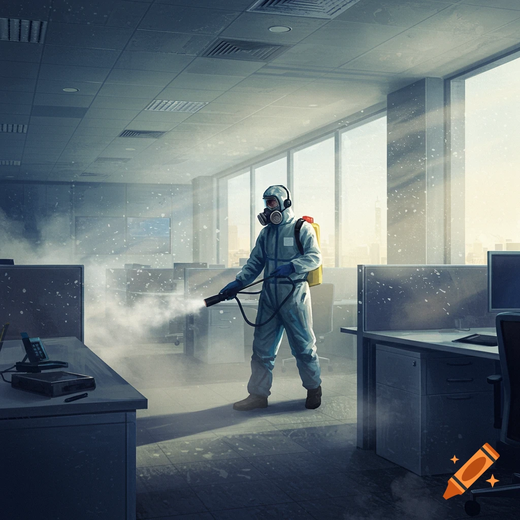Person in hazmat suit fumigating an office with spray, dust floating in sunlit air.