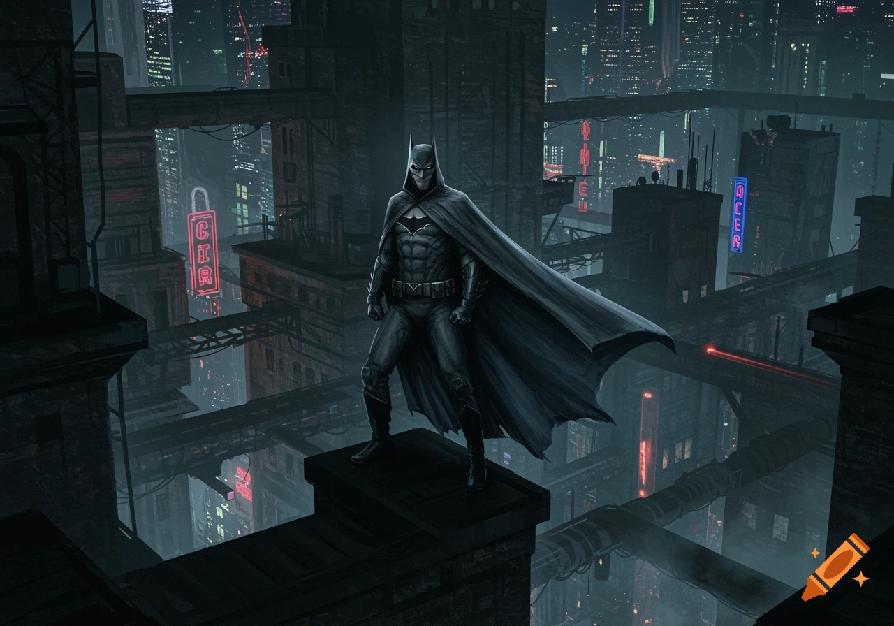 Batman stands heroically on a rooftop, overlooking a dark, rainy cyberpunk city with neon lights.