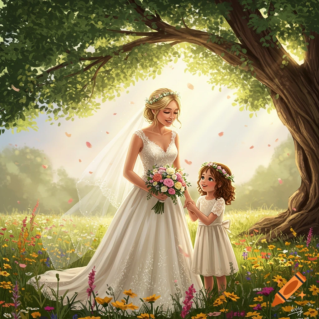 A blonde bride and a brown-haired flower girl hold hands in a sunny, flower-filled meadow under a large tree, in a painterly style.