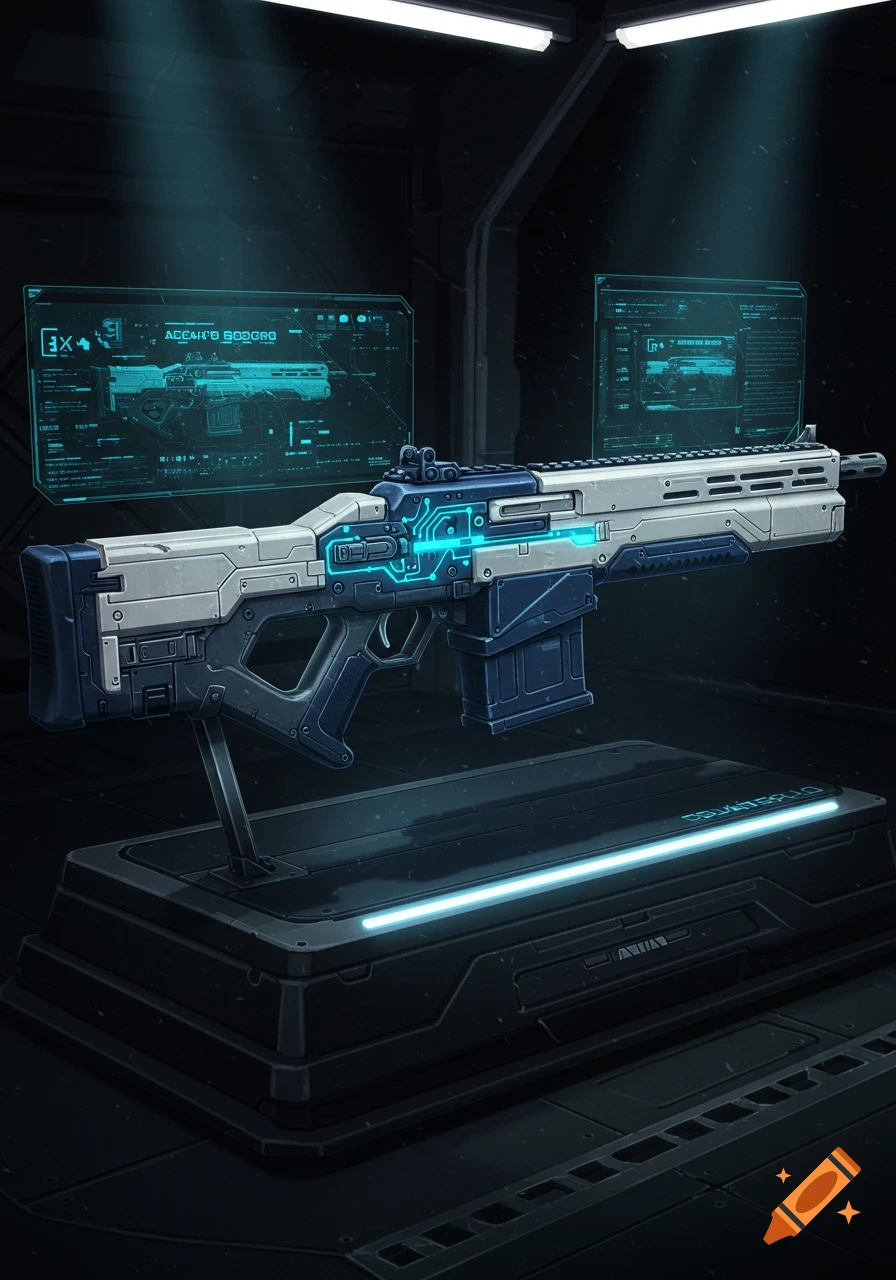 Sci-fi illustration of a white and blue futuristic rifle with glowing blue circuits on a display stand in a dark, high-tech room with holographic screens.